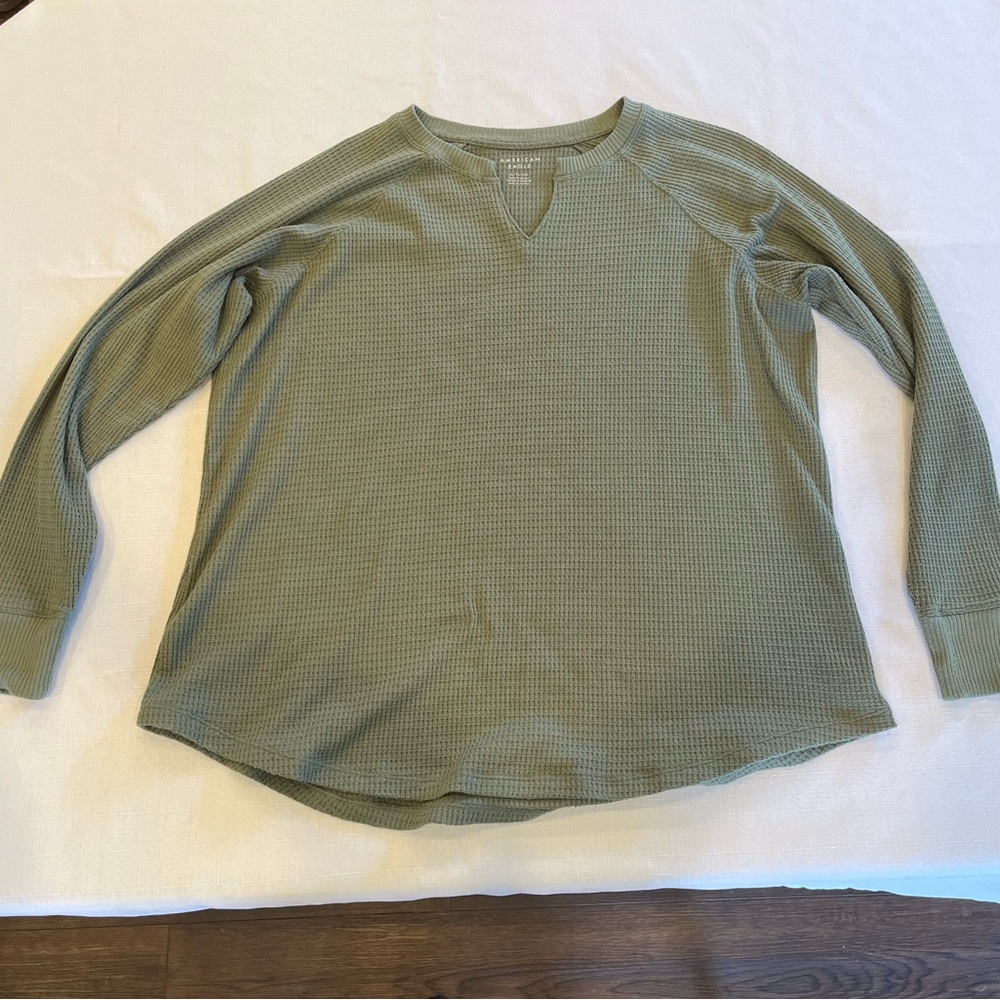 AE American Eagle Long Sleeve Waffle Plush Tee Olive Green Thermal Henley W XL